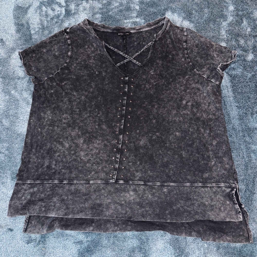 Rock & Republic Women XXL Acid Wash Studded Lattice Neck Top Black Cotton